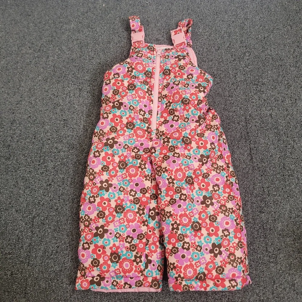 OshKosh B'Gosh Size 12M Snow Bib Overalls  Pink Floral Insulated Winter Pants